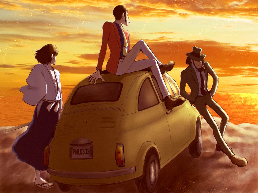 3boys arsene_lupin_iii beard black_jacket black_necktie black_pants black_suit blue_hakama blue_shirt blue_skirt brown_shoes car cigarette closed_mouth facial_hair fedora formal_clothes goekakisan_(adelma) hakama hands_in_pockets hat ishikawa_goemon_xiii jacket japanese_clothes jigen_daisuke kimono leaning_on_object lupin_iii male_focus medium_hair motor_vehicle multiple_boys necktie ocean open_clothes open_jacket pants red_jacket sandals shirt shoes short_hair sideburns sitting skirt suit sunset white_pants yellow_car yellow_necktie