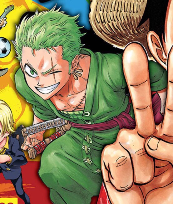 asta_(black_clover) black_clover cosplay crossover monkey_d._luffy official_art one_piece roronoa_zoro_(cosplay) tabata_yuuki tagme