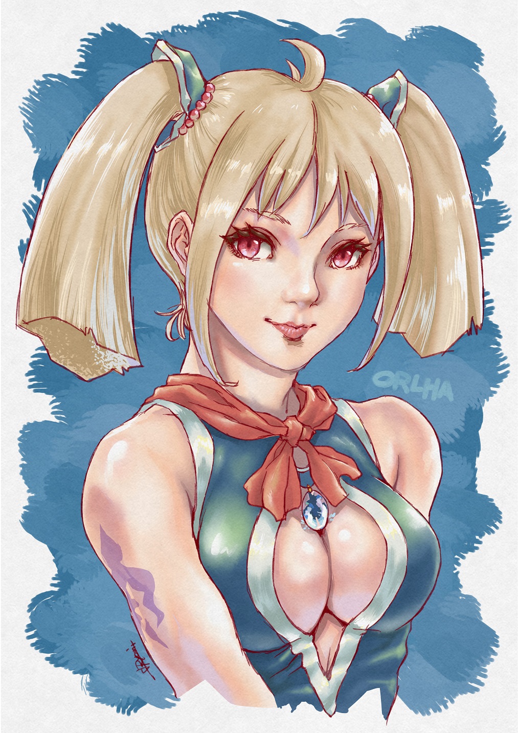 1girl arm_tattoo blonde_hair breasts brown_eyes center_opening chrono_cross cleavage cleavage_cutout closed_mouth clothing_cutout highres jewelry lips long_hair looking_at_viewer medium_breasts orlha_(chrono_cross) ryon_(yasagure_un) smile solo tattoo twintails