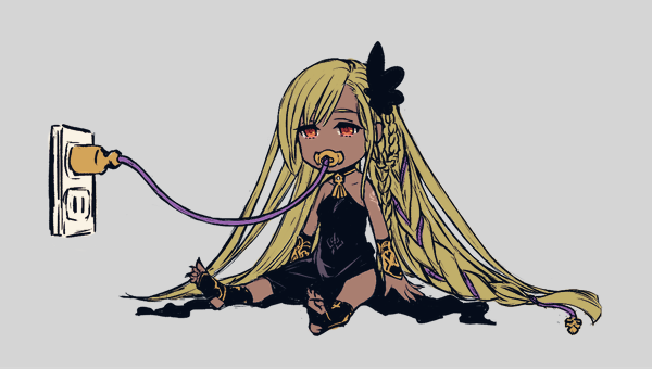 01rosso 1girl bad_id bad_pixiv_id bare_shoulders black_dress black_nails blonde_hair braid charging_device dark-skinned_female dark_skin dress electric_plug electrical_outlet granblue_fantasy hair_ornament helel_ben_shalem long_hair long_toenails nail_polish pacifier red_eyes sitting solo tattoo toenails very_long_hair