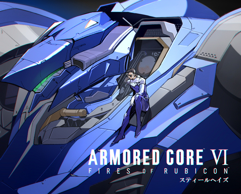 1boy armored_core armored_core_vi:_fires_of_rubicon blue_bodysuit bodysuit commentary_request copyright_name eyepatch forehead full_body knee_up low_ponytail male_focus mecha_pilot_suit one_eye_covered ponytail refus sitting_on_mecha solo steel_haze v.iv_rusty
