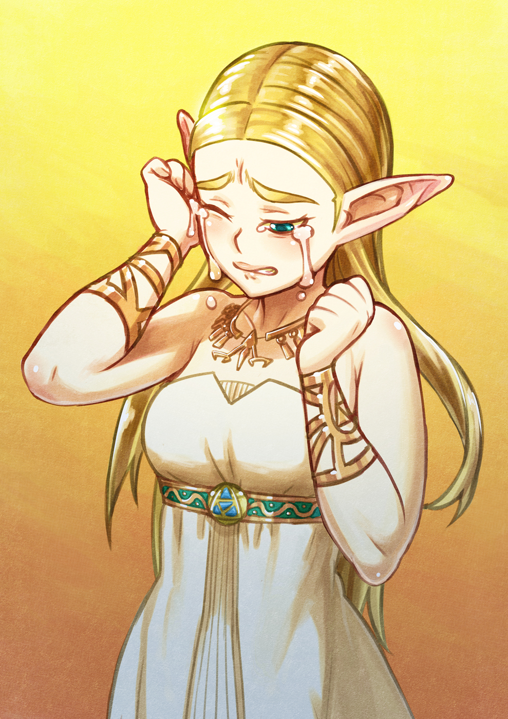 1girl bare_shoulders blonde_hair bracelet commentary crying dress gown gradient_background green_eyes highres jewelry kjech long_hair necklace nintendo one_eye_closed pointy_ears princess_zelda revision solo strapless strapless_dress tears the_legend_of_zelda the_legend_of_zelda:_breath_of_the_wild triforce upper_body white_dress wiping_tears yellow_background