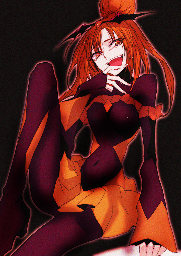 10s 1girl bad_end_precure bad_end_sunny black_background black_bodysuit bodysuit female_focus fingerless_gloves gloves matching_hair/eyes navel orange_eyes orange_hair precure simple_background smile_precure! solo tima