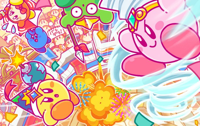 audience backwards_hat baseball_cap bomb bomb_kirby bow bowtie commentary_request copy_ability explosion explosive fireworks hat headphones jitome kirby kirby:_battle_royale kirby_(series) nintendo notepad official_art parasol_kirby polearm red_neckwear sign spear spear_kirby stadium tornado tornado_kirby umbrella waddle_dee weapon