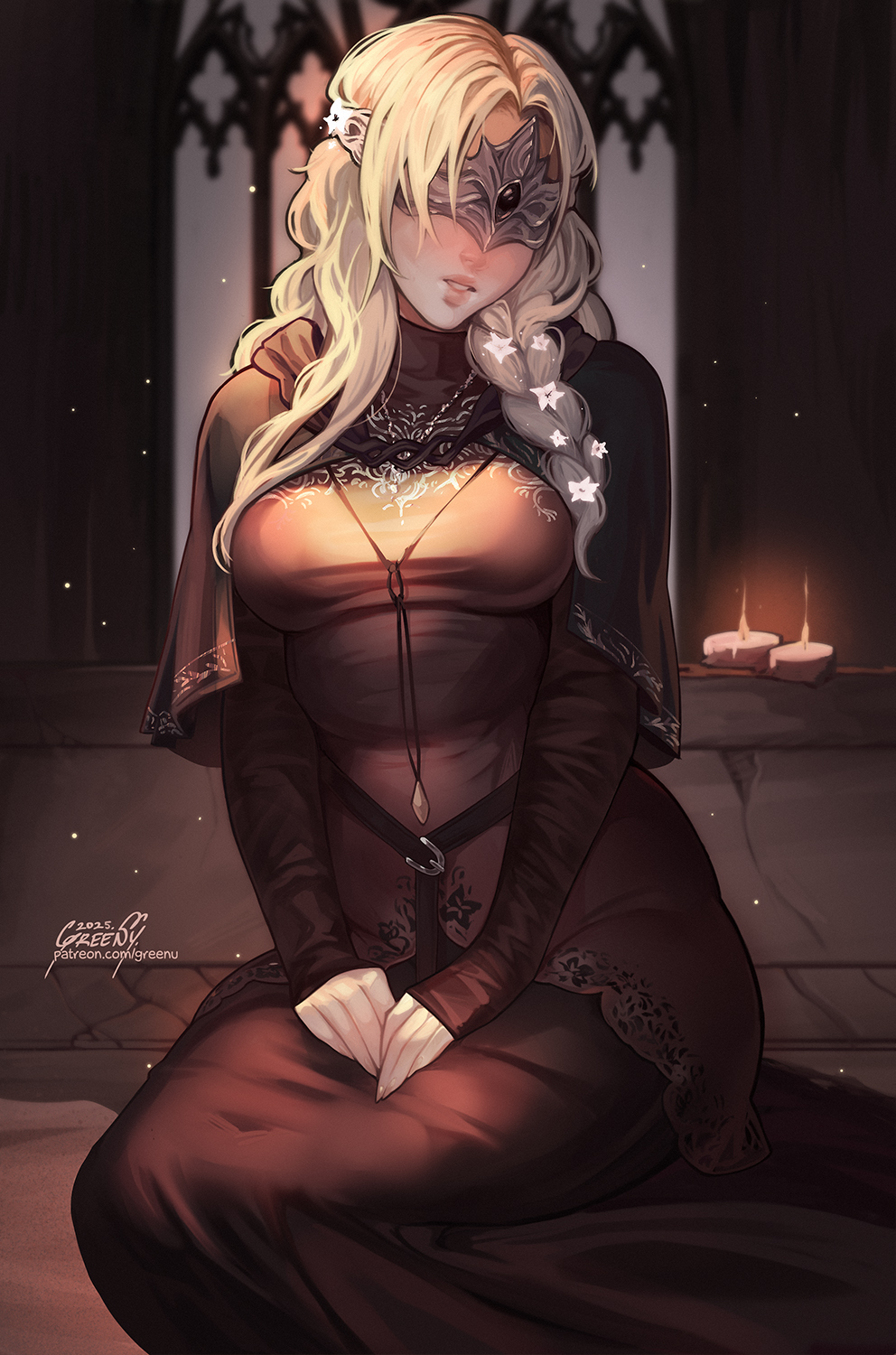 1girl artist_name blindfold blonde_hair blush braid breasts candle commentary dark_souls_(series) dark_souls_iii english_commentary fire_keeper flower greenu hair_flower hair_ornament highres indoors large_breasts long_hair long_skirt parted_lips patreon_username single_braid sitting skirt smile solo white_flower