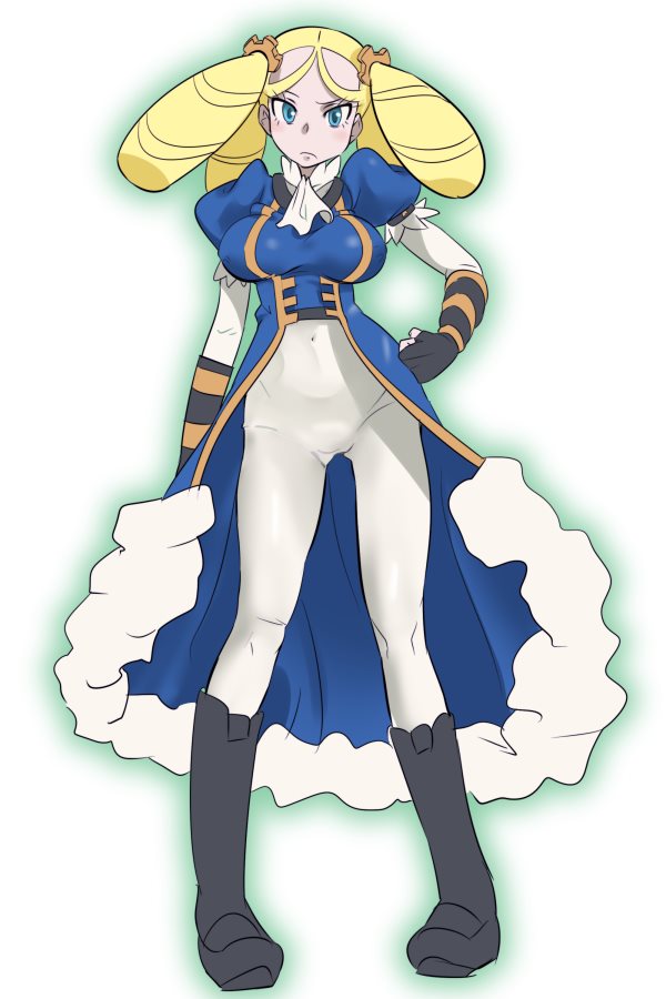 1girl ascot bad_id bad_pixiv_id black_boots black_gloves blonde_hair blue_eyes blush boots breasts covered_erect_nipples covered_navel eyelashes female_focus fingerless_gloves frown full_body gloves hair_ornament hand_on_own_hip jpeg_artifacts kimia_(pokemon) knee_boots legs_apart looking_at_viewer medium_breasts nintendo pantyhose pigeon-toed pokemon pokemon_(anime) pokemon_the_movie:_volcanion_and_the_mechanical_marvel pokemon_xy_(anime) puffy_sleeves quad_tails raised_eyebrow simple_background solo standing white_ascot white_background white_pantyhose zaitsu