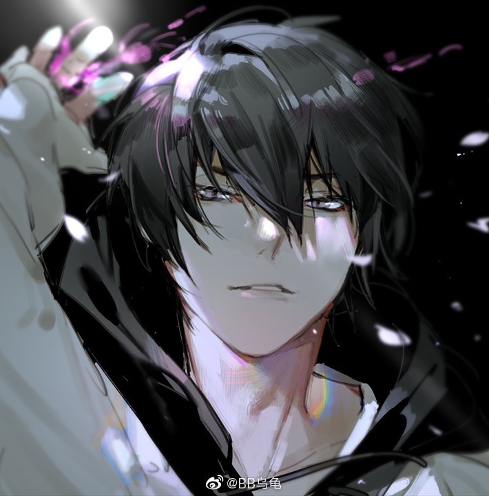1boy arm_up artist_name black_background black_hair blurry bokyo hair_between_eyes hibari_kyouya hood hood_down hoodie jacket katekyo_hitman_reborn! long_sleeves looking_at_viewer male_focus parted_lips petals portrait purple_eyes short_hair simple_background solo upper_body watermark weibo_watermark white_hoodie
