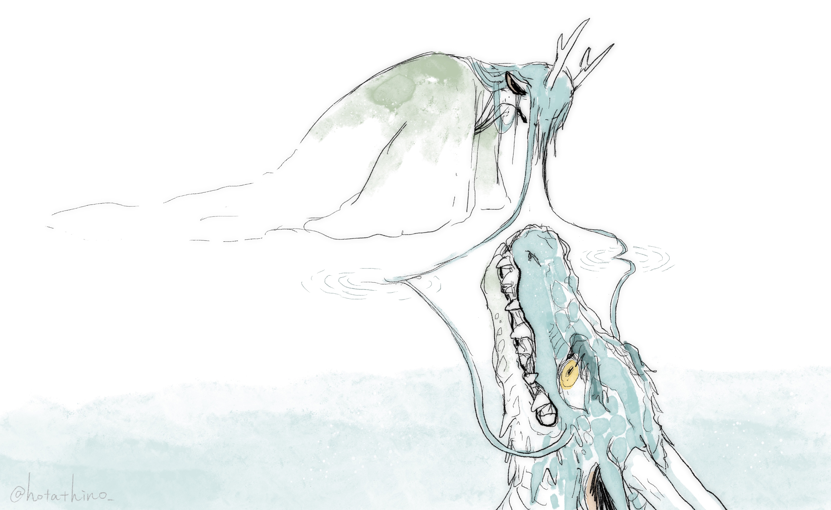 1boy absurdres bent_over blue_hair commentary_request dragon dragon_boy dragon_horns dual_persona eastern_dragon eastern_dragon_horns facing_down green_kimono highres horns hotathino japanese_clothes kimono kneeling long_hair male_focus original ripples solo water white_background