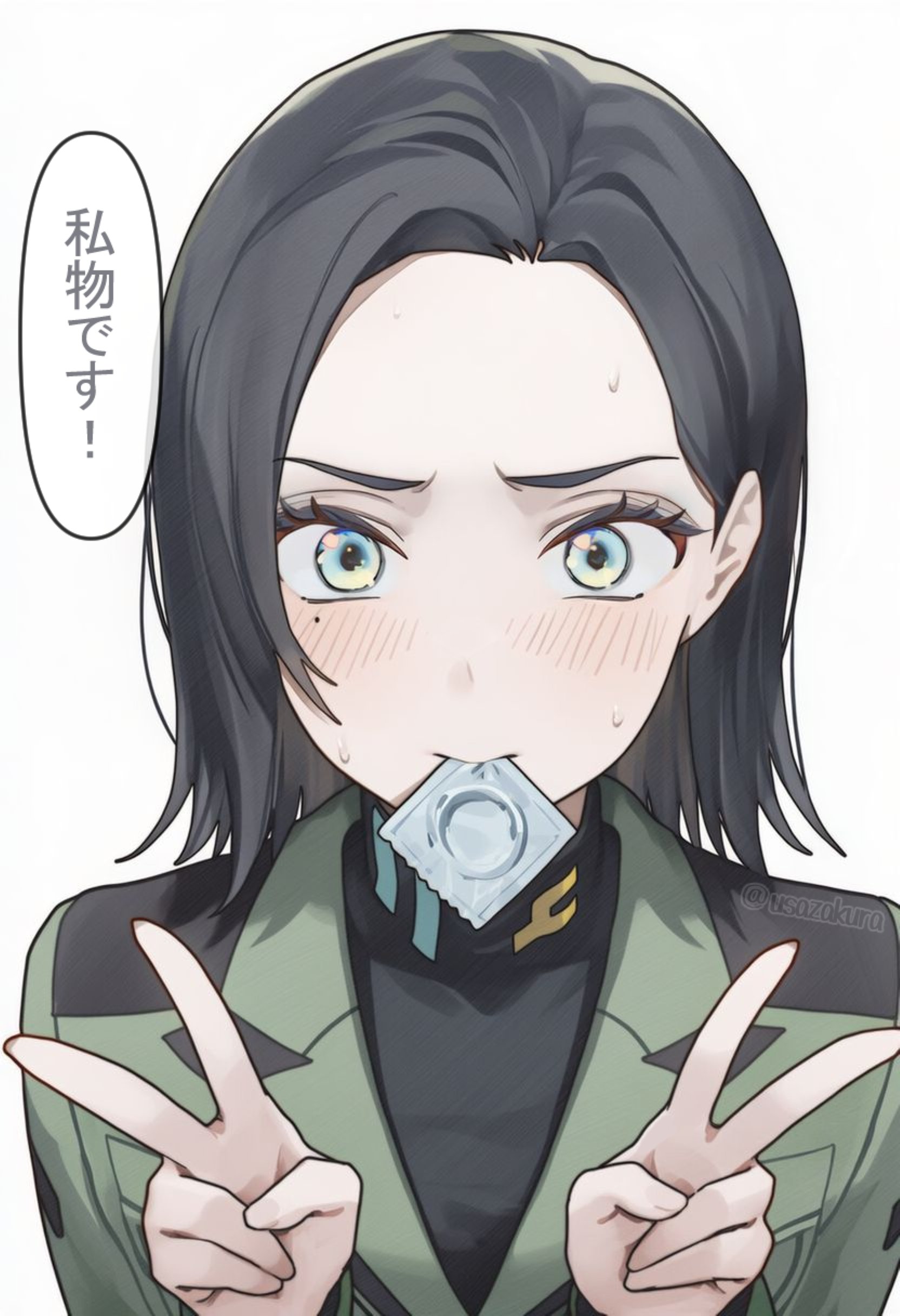 1girl absurdres black_hair blush comoli_harcourt condom condom_in_mouth double_v forehead gquuuuuux gundam gundam_gquuuuuux highres jacket looking_at_viewer military_uniform mole mole_under_eye mouth_hold shirt simple_background solo speech_bubble turtleneck turtleneck_shirt upper_body v yngg224556 zeon