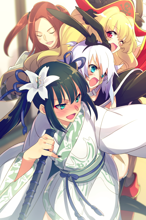1boy 3girls animal_ears anne_bonny_(fate) anne_bonny_(third_ascension)_(fate) black_hair blonde_hair blue_eyes chinese_clothes closed_eyes drunk echo_(circa) facial_scar fate/grand_order fate_(series) flower hair_flower hair_ornament hanfu hat indoors jing_ke_(fate) mary_read_(fate) mary_read_(third_ascension)_(fate) multiple_girls music pirate_hat rabbit_ears red_eyes red_hair scar scar_on_cheek scar_on_face singing tristan_(fate) twintails white_hair