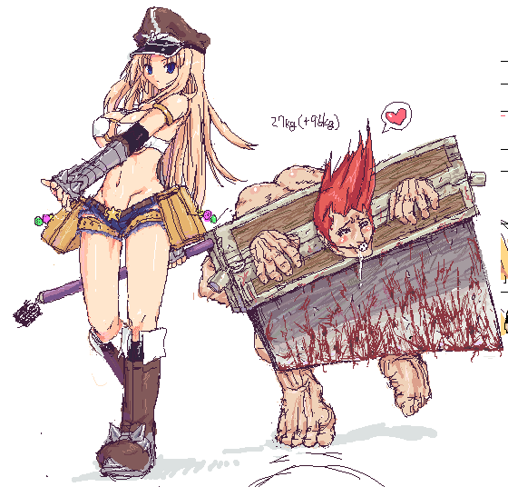 1boy 1girl 2000s_(style) axe bad_id ball_gag belt belt_buckle belt_pouch bikini bikini_top_only blonde_hair blue_eyes blue_shorts boots breasts brown_belt brown_boots buckle closed_mouth commentary_request femdom frown full_body gag hat heart holding holding_axe large_breasts long_hair looking_at_viewer oekaki peaked_cap pouch ragnarok_online red_hair shigeryun short_shorts shorts simple_background spoken_heart standing star_(symbol) stocks swimsuit white_background white_bikini whitesmith_(ragnarok_online)