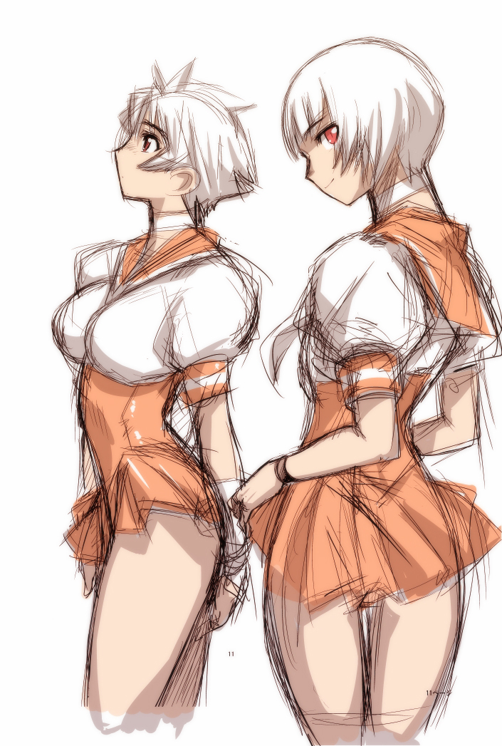 2girls choker ez6 looking_back multiple_girls original red_eyes school_uniform serafuku short_hair sketch skirt smile white_hair