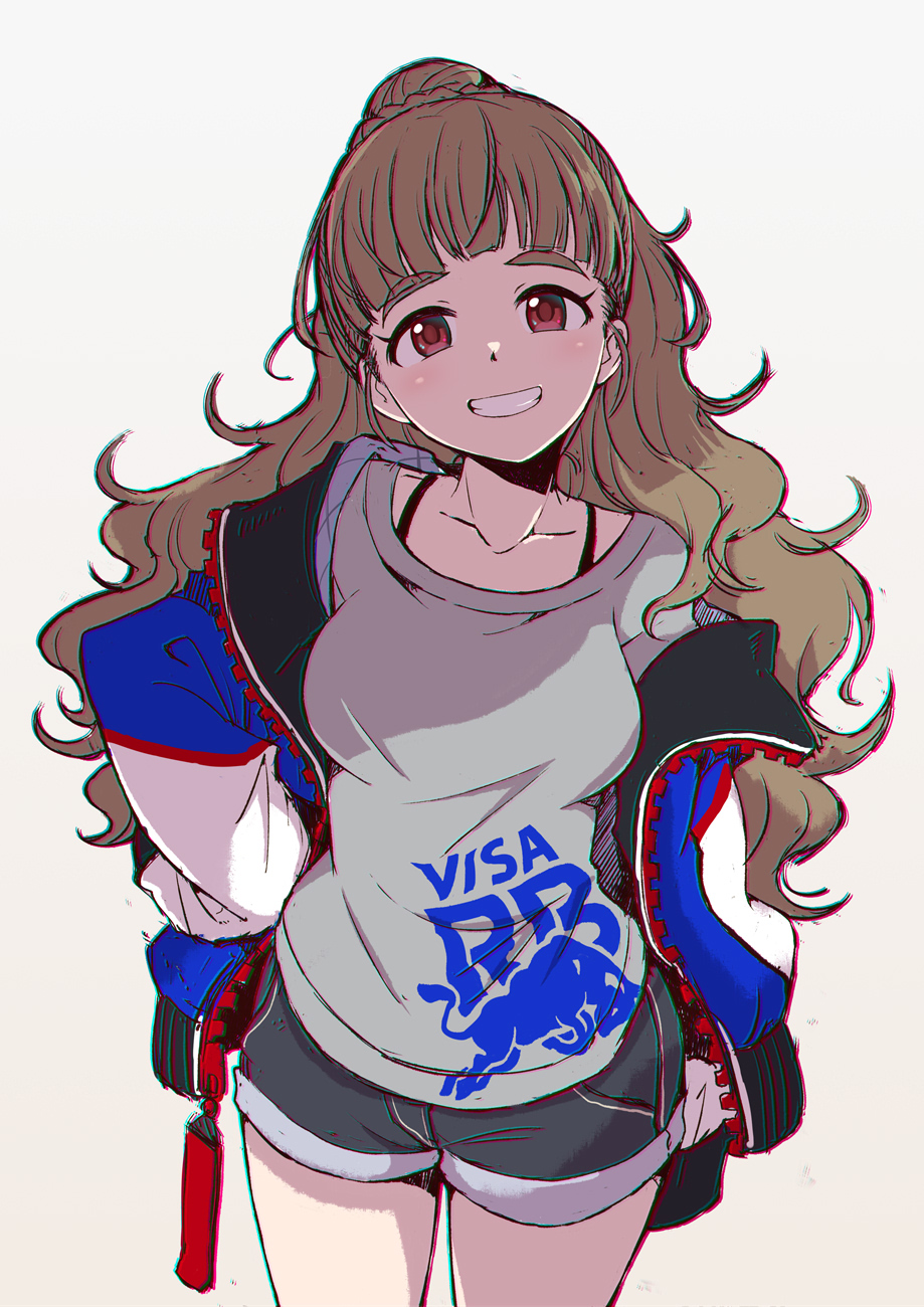 1girl alternate_costume black_shorts blunt_bangs bra_strap breasts brown_hair clenched_teeth collarbone commentary_request cowboy_shot formula_one grey_background grey_shirt hair_bun hands_on_own_hips highres idolmaster idolmaster_cinderella_girls jacket kamiya_nao large_breasts long_hair long_sleeves multicolored_jacket open_clothes open_jacket open_mouth red_bull red_eyes satomura_kyou shirt short_shorts shorts simple_background smile solo sponsor standing straight-on teeth thick_eyebrows wavy_hair zipper