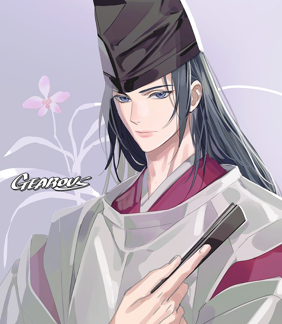 1boy bishounen black_hair closed_mouth flower folded_fan folding_fan fujiwara_no_sai gearous hand_fan hat hikaru_no_go holding holding_fan japanese_clothes kariginu long_hair looking_at_viewer male_focus pink_flower portrait purple_background purple_eyes solo tate_eboshi