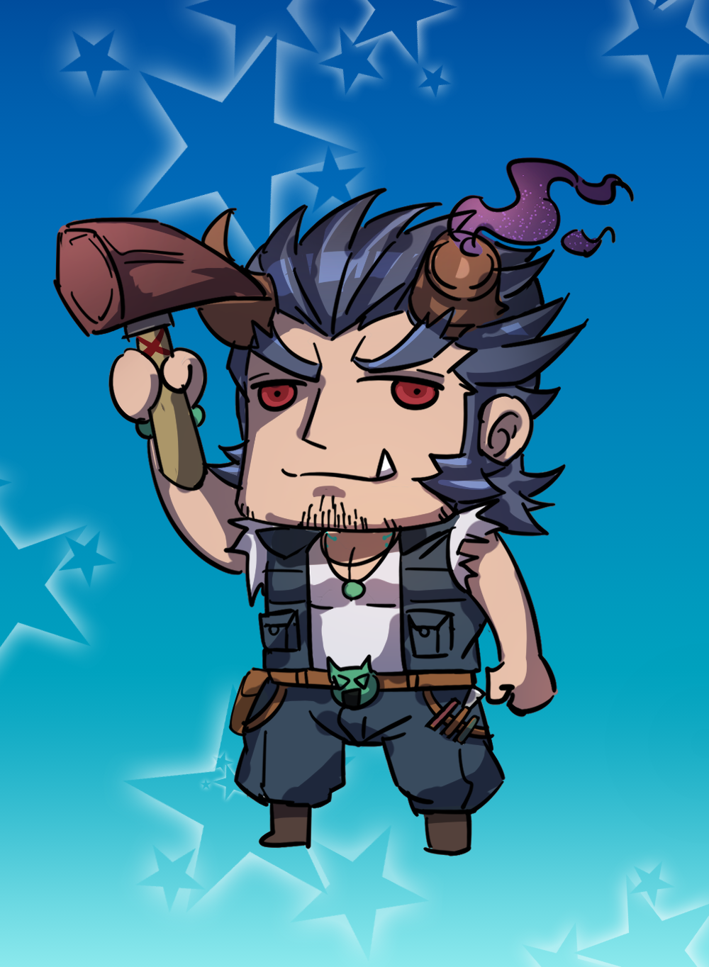 1boy bara blue_hair broken_horn carpenter chibi dark_blue_hair demon_boy demon_horns facial_hair fang fate/grand_order fate_(series) fiery_horns full_body gradient_background hammer highres horns jewelry long_sideburns male_focus necklace parody pectorals red_eyes riyo_(lyomsnpmp)_(style) sdz_(inazuma) shirt short_hair sideburns simple_background sleeveless solo stubble style_parody takemaru_(housamo) thick_eyebrows tokyo_houkago_summoners torn_clothes torn_shirt