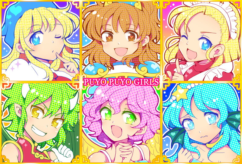 6+girls :d ;d arle_nadja blonde_hair blue_eyes blue_hair brown_eyes brown_hair choker copyright_name draco_centauros frown green_eyes green_hair grin harpy_(puyopuyo) hat heart heart-shaped_pupils hitopm horns index_finger_raised kikimora_(monster_monster) kikimora_(puyopuyo) long_hair madou_monogatari maid maid_headdress multiple_girls one_eye_closed open_mouth own_hands_clasped own_hands_together pink_hair pointy_ears puyopuyo serilly_(puyopuyo) short_hair smile star_(symbol) symbol-shaped_pupils wings wink witch_(puyopuyo) yellow_eyes