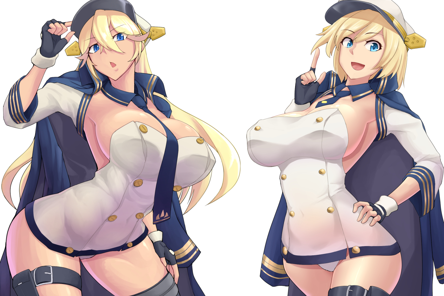 2girls azur_lane black_gloves blonde_hair blue_eyes blush breasts california_(azur_lane) cape cleavage dashigarayama dress fingerless_gloves gloves hair_between_eyes hat jacket jacket_on_shoulders large_breasts long_hair looking_at_viewer multiple_girls necktie open_mouth short_hair simple_background smile tennessee_(azur_lane) thigh_strap very_long_hair white_background