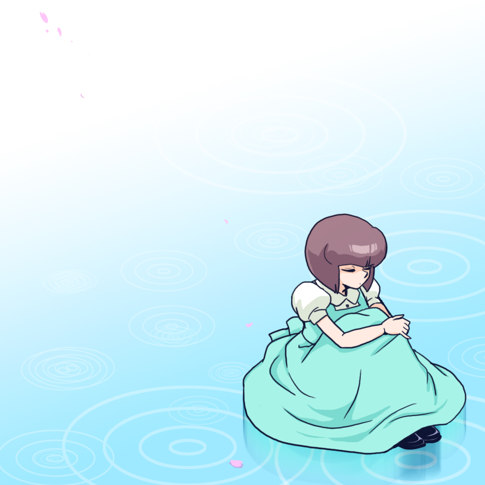 1girl brown_hair cherry_blossoms closed_eyes commentary_request dress fuurinkan_high_school_uniform gradient_background photoshop_(medium) ranma_1/2 ripples school_uniform short_hair sitting sitting_on_water solo tendou_nabiki wanta_(futoshi)