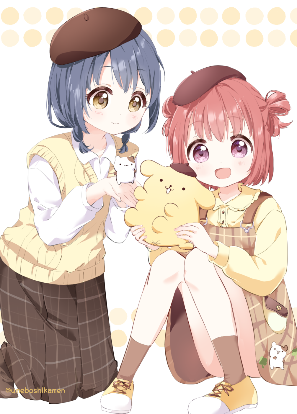 2girls akaza_akari beret blue_hair blush braid brown_eyes brown_hat brown_overalls brown_skirt brown_socks buttons character_doll character_print closed_mouth collared_shirt doll double_bun furutani_himawari hair_bun hat highres kneeling knees_up mearian muffin_(sanrio) multiple_girls open_mouth overall_skirt overalls plaid_clothes plaid_skirt pleated_skirt pocket polka_dot polka_dot_background pompompurin purple_eyes red_hair sanrio shirt shoes sitting skirt smile sneakers socks sweater_vest twin_braids twitter_username white_background white_shirt yellow_shirt yellow_shoes yellow_sweater_vest yuruyuri
