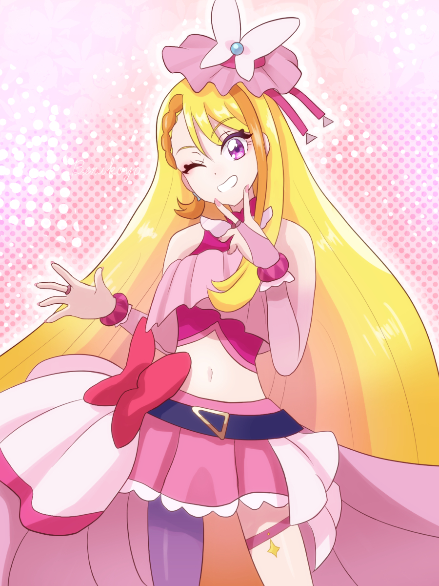 1girl belt benikoya black_belt blonde_hair bow bow_skirt braid braided_bangs bridal_gauntlets brooch butterfly_hat_ornament cowboy_shot cropped_shirt cure_butterfly earrings elbow_gloves frilled_shirt frills gloves grin hat hat_ornament highres hijiri_ageha hirogaru_sky!_precure jewelry long_hair looking_at_viewer magical_girl microskirt midriff mob_cap multicolored_hair nail_polish navel one_eye_closed orange_hair pantyhose pink_background pink_gloves pink_hat pink_shirt pleated_skirt precure purple_eyes purple_pantyhose red_bow shirt showgirl_skirt single_leg_pantyhose skirt sleeveless sleeveless_shirt smile solo standing thigh_strap tilted_headwear two-tone_hair v v_over_mouth very_long_hair wing_brooch