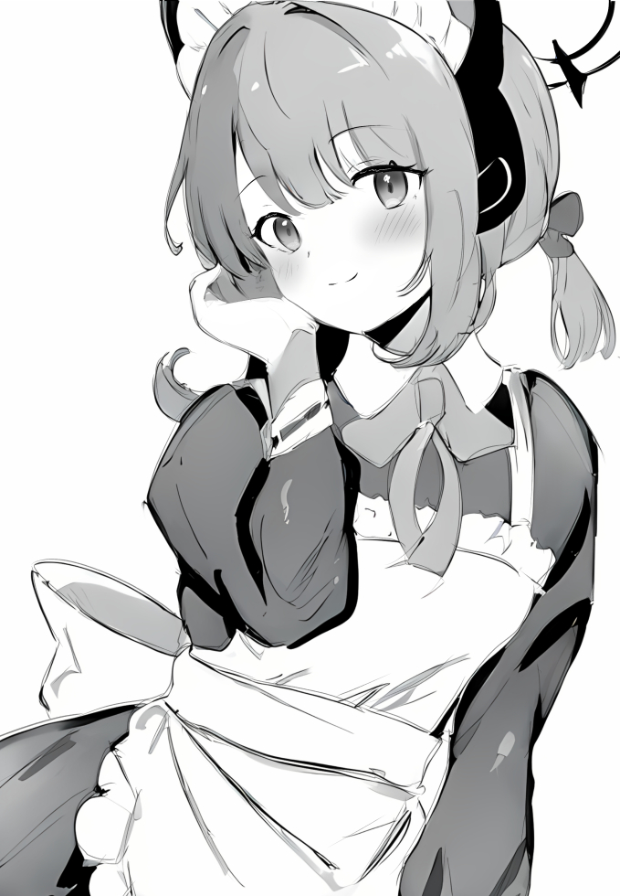 1girl animal_ear_headphones animal_ears apron blue_archive bow collared_dress dress fake_animal_ears frilled_apron frills greyscale hair_ribbon halo hand_up headphones light_blush light_smile long_sidelocks long_sleeves looking_at_viewer maid maid_apron maid_headdress medium_hair midori_(blue_archive) midori_(maid)_(blue_archive) monochrome official_alternate_costume official_alternate_hairstyle ponytail raifu_(rf) ribbon sidelocks solo tucking_hair upper_body