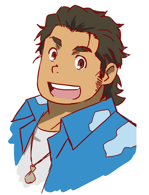 1boy ano_hi_mita_hana_no_namae_wo_bokutachi_wa_mada_shiranai. blue_shirt close-up commentary_request hisakawa_tetsudou jewelry looking_at_viewer male_focus necklace open_mouth sen&#039;ichi_(yukinodeku) shirt smile swept_bangs upper_body white_background white_shirt