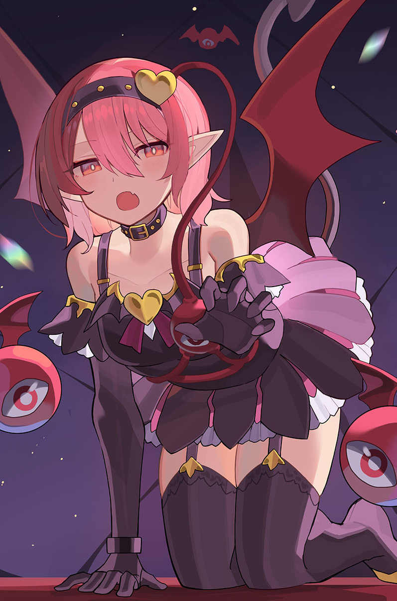 1girl alternate_costume arm_support bat_wings black_collar black_gloves black_hairband black_skirt black_thighhighs collar collarbone commentary demon_girl demon_tail elbow_gloves eyeball falken_(yutozin) fang garter_straps gloves hair_between_eyes hairband highres kneeling komeiji_satori looking_at_viewer open_mouth pink_eyes pink_hair pink_skirt pointy_ears red_eyes red_wings revision short_hair skin_fang skirt solo tail thighhighs third_eye touhou two-tone_skirt wings