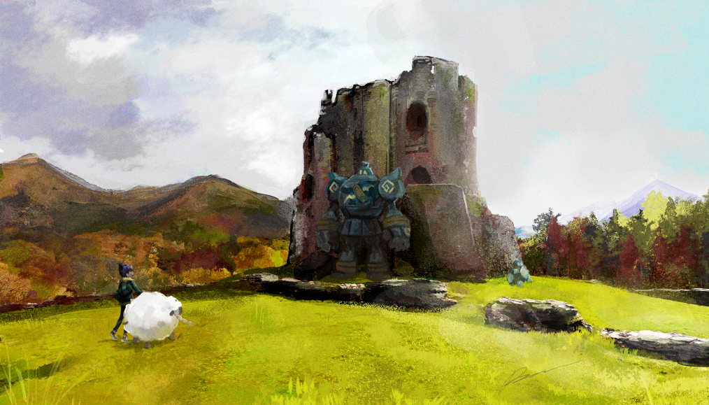 1boy commentary_request crack dark-skinned_male dark_skin day gen_5_pokemon gen_8_pokemon golett golurk grass hill hop_(pokemon) jacket male_focus nintendo outdoors pants pokemon pokemon_(creature) pokemon_swsh purple_hair ruins sagemaru-br sheep shoes short_hair standing wall wooloo