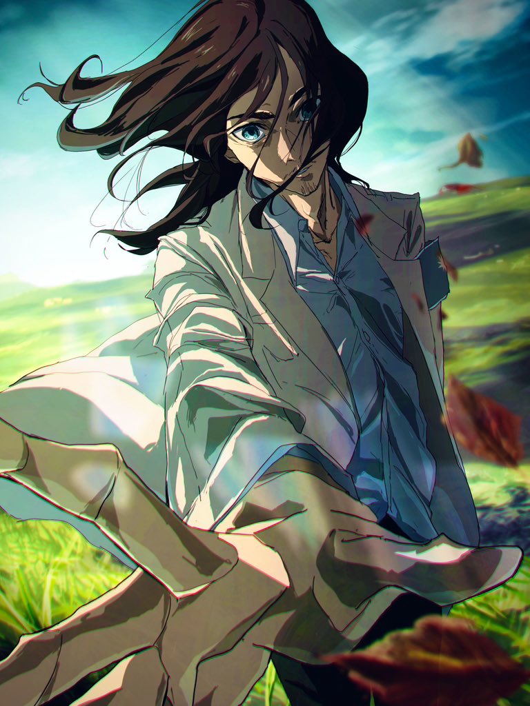1boy armband blue_eyes blue_shirt blue_sky brown_hair collared_shirt eren_yeager facial_hair floating_hair goatee_stubble long_hair looking_at_viewer male_focus myforuwlglij69i outdoors reaching reaching_towards_viewer shingeki_no_kyojin shirt sky solo stubble