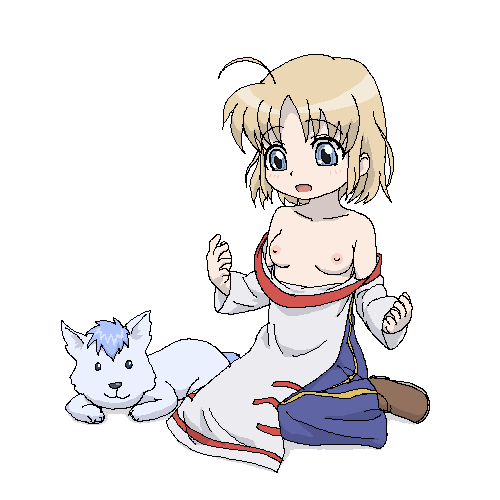 1girl ahoge arc_the_lad blue_eyes blush breasts breasts_out dog dress lieza_(arc_the_lad) nipples nonohito open_mouth paundit shoes sitting
