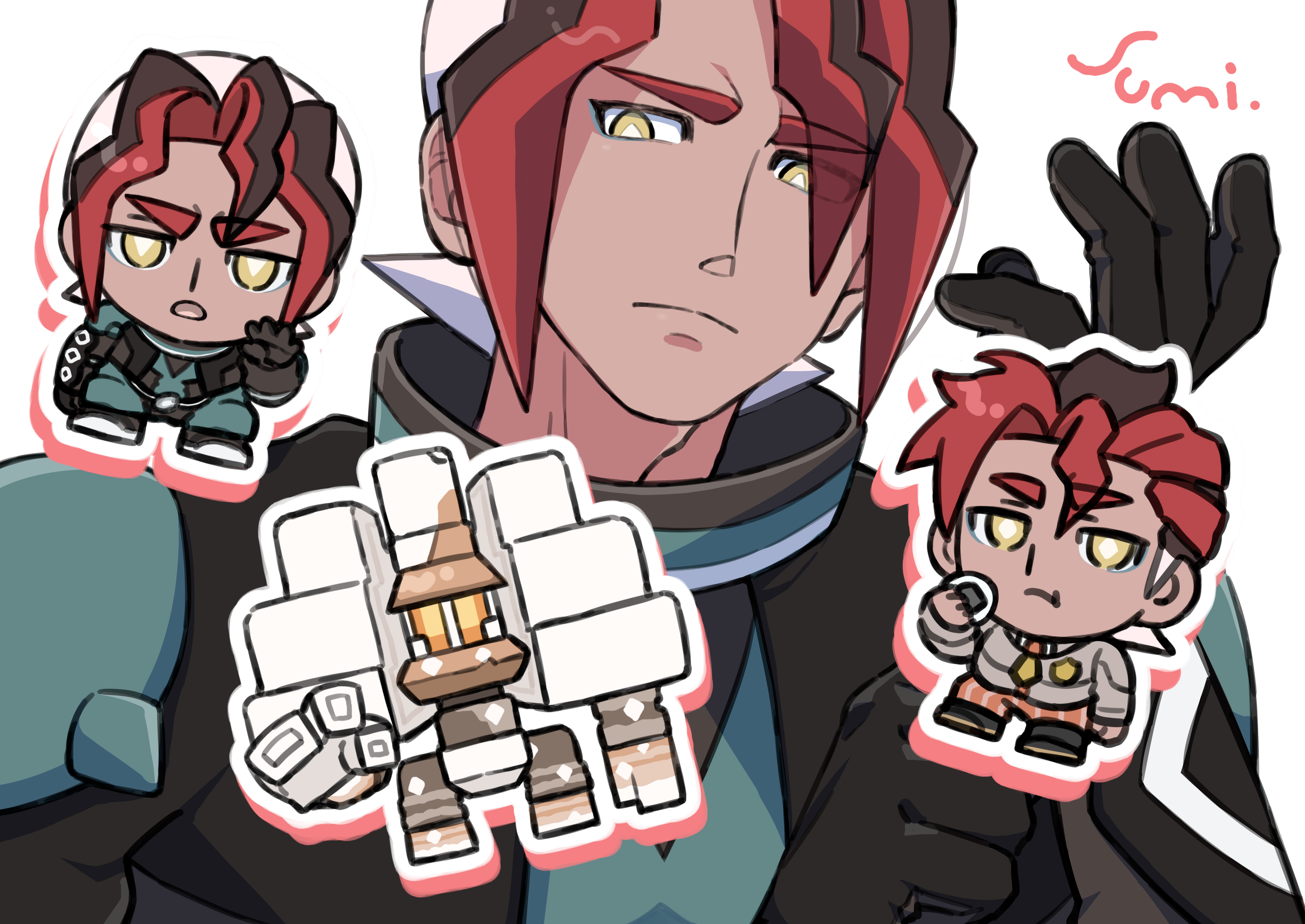 1boy :t absurdres adjusting_clothes adjusting_gloves bright_pupils chibi closed_mouth commentary_request dark-skinned_male dark_skin eating food garganacl gloves highres looking_down male_focus multicolored_hair nintendo onigiri outline pokemon pokemon_(anime) pokemon_(creature) pokemon_horizons school_uniform sidian_(pokemon) signature simple_background uminosumi_dai white_background white_pupils yellow_eyes