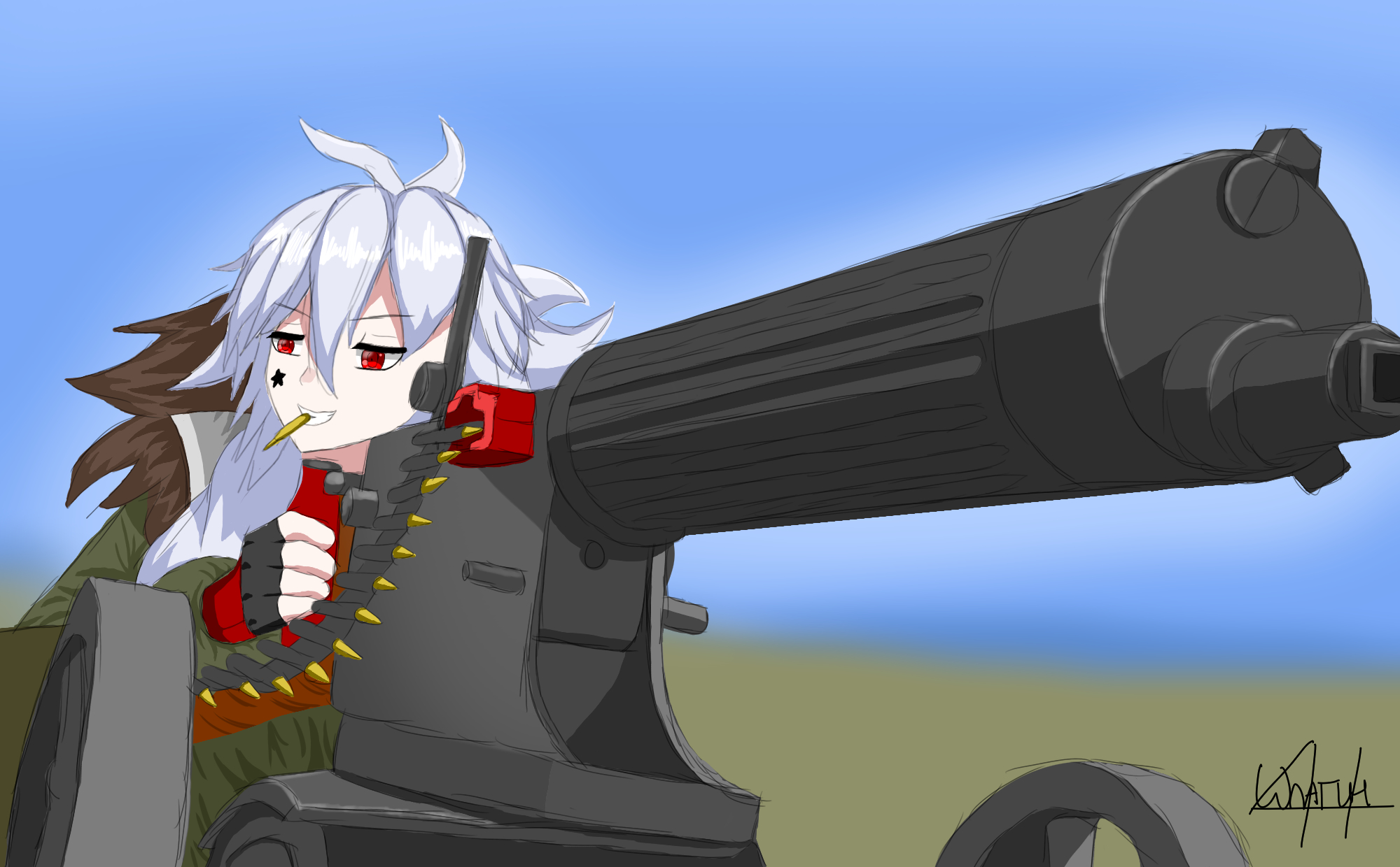 ammunition_belt girls&#039;_frontline gun highres machine_gun maxim_gun pm1910_(girls&#039;_frontline) red_eyes shpagin41 silver_hair weapon