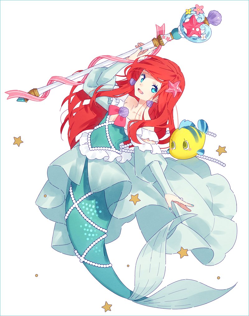 1girl adapted_costume ariel_(disney) blue_eyes bridal_gauntlets disney earrings fish flounder_(the_little_mermaid) gem hakusai_(tiahszld) jewelry long_hair magical_girl mermaid monster_girl nail_polish open_mouth pearl_(gemstone) red_hair ribbon sea_star_hair_ornament shell shell_earrings simple_background smile staff star_(symbol) starfish starfish_hair_ornament the_little_mermaid_(disney) white_background