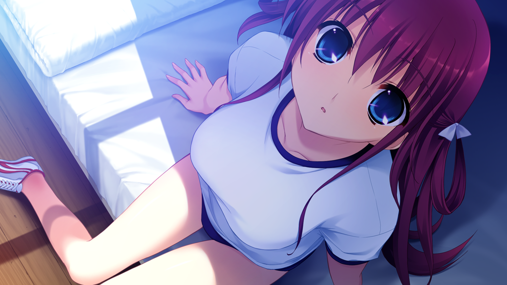 1girl bed blue_buruma blue_eyes bow breasts bruise bruise_on_leg buruma collarbone dutch_angle fumio_(ura_fmo) game_cg grisaia_(series) grisaia_no_kajitsu gym_shirt gym_uniform hair_bow hand_on_bed indoors injury large_breasts long_hair looking_at_viewer non-web_source open_mouth red_hair shirt shoes short_sleeves sneakers solo suou_amane variant_set white_bow white_shirt white_shoes wooden_floor