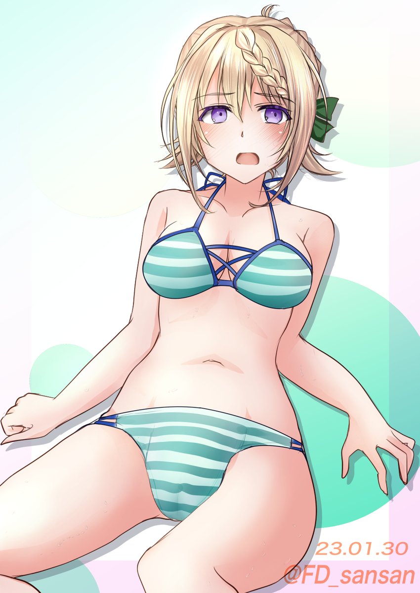 1girl bikini blonde_hair braid braided_bangs braided_bun breasts cleavage cowboy_shot dated fd_(fd_sanmaru) green_bikini hair_bun highres kantai_collection long_hair medium_breasts official_alternate_costume one-hour_drawing_challenge open_mouth perth_(kancolle) perth_(swimsuit)_(kancolle) purple_eyes sitting solo striped_bikini striped_clothes swimsuit twitter_username