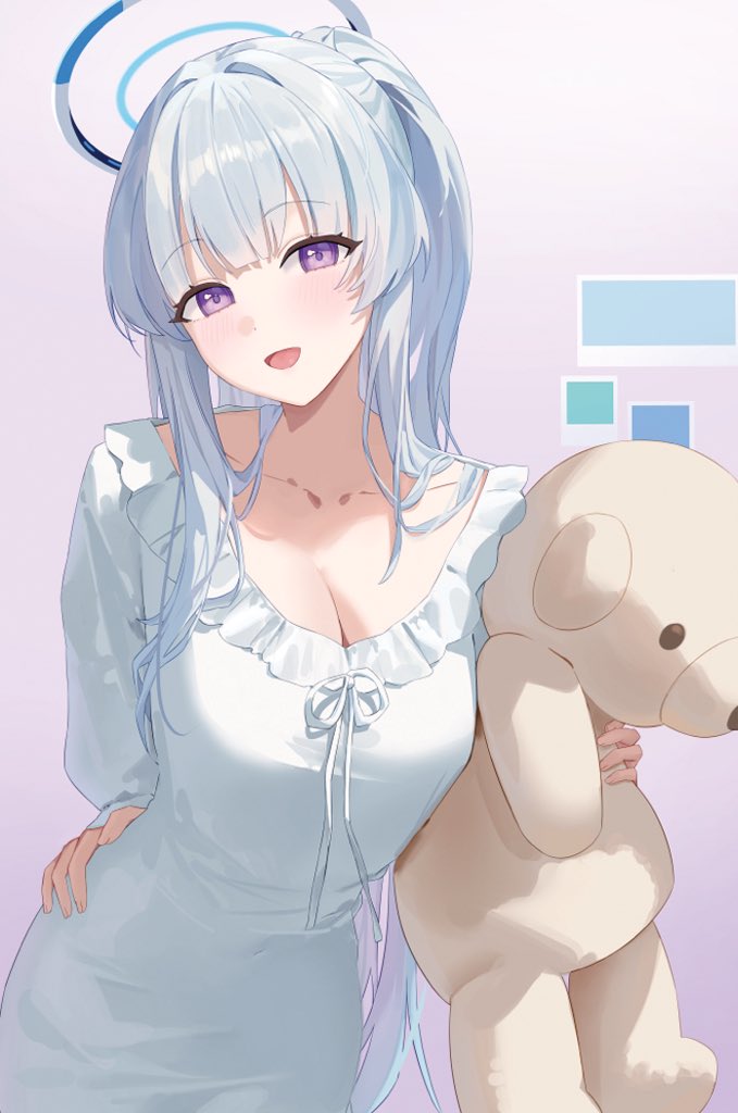 1girl blue_archive frilled_pajamas frills halo hido88 holding holding_stuffed_toy long_hair mechanical_halo noa_(blue_archive) noa_(pajamas)_(blue_archive) official_alternate_costume pajamas purple_eyes sleepwear solo stuffed_animal stuffed_toy teddy_bear white_hair white_halo white_pajamas