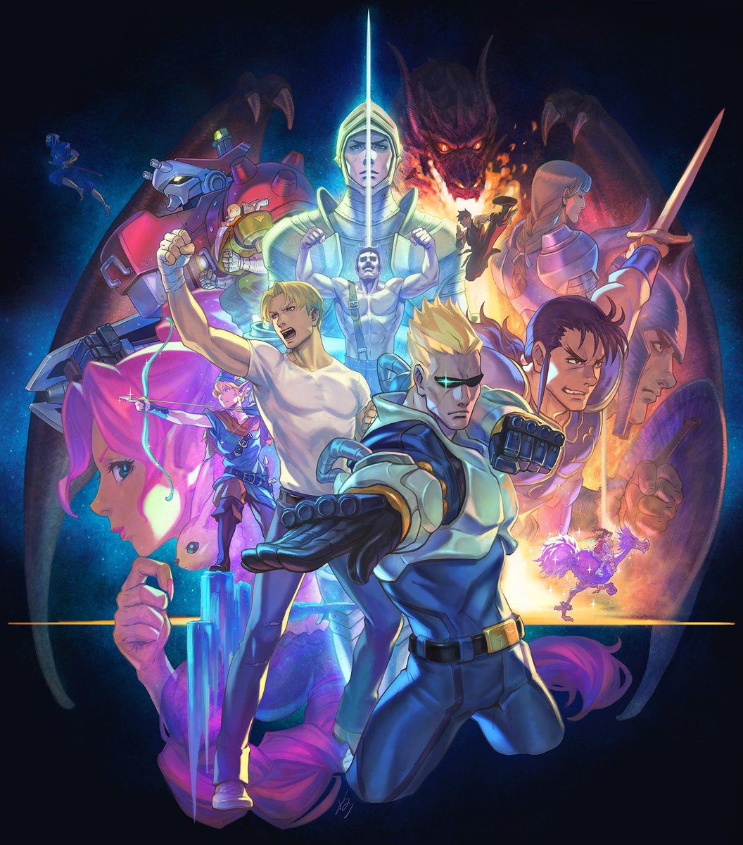 aiming arm_cannon armor arrow_(projectile) baby_head battle_circuit belt bow bow_(weapon) box_art capcom capcom_belt_action captain_commando captain_commando_(character) character_request chinese_clothes claws cody_travers crossover crowd dragon drawing_bow elf energy facial_hair fantasy final_fight fire flying_kick glowing guy_(final_fight) hat helmet highres holding holding_bow_(weapon) holding_weapon kicking king_arthur knight knights_of_the_round_(game) magic mecha mike_haggar multiple_boys multiple_girls muscular mustache nuri_kazuya official_art panties pet pointy_ears power_armor power_suit powered_gear promotional_art raised_fist robot science_fiction shield signature sunglasses sword tenchi_wo_kurau_ii the_king_of_dragons underwear uniform variant_armor weapon
