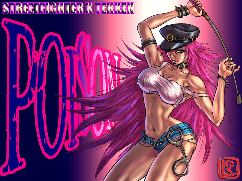 1girl abs armband armlet bangle big_hair blue_eyes blue_shorts bracelet breasts capcom choker collar contrapposto cuffs cutoffs denim denim_shorts female_focus final_fight handcuffs hat jewelry large_breasts lips lipstick long_hair makeup midriff narrow_waist navel nikuji-kun off_shoulder peaked_cap pink_hair poison_(final_fight) riding_crop shorts solo standing street_fighter street_fighter_x_tekken tank_top tekken thighs toned toned_female