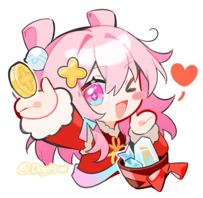 1girl alternate_costume arm_up artist_name bell blush_stickers bow chinese_clothes coin flower fur-trimmed_shirt fur-trimmed_sleeves fur_trim gold_coin gou_lianlian_dogface hair_bell hair_between_eyes hair_flower hair_ornament hand_up heart honkai:_star_rail honkai_(series) long_sleeves looking_at_viewer march_7th_(honkai:_star_rail) march_7th_(hunt)_(honkai:_star_rail) official_alternate_hairstyle one_eye_closed open_mouth pink_eyes pink_hair red_bow red_shirt shirt short_hair shuangyaji simple_background smile solo sparkling_eyes stellar_jade upper_body white_background