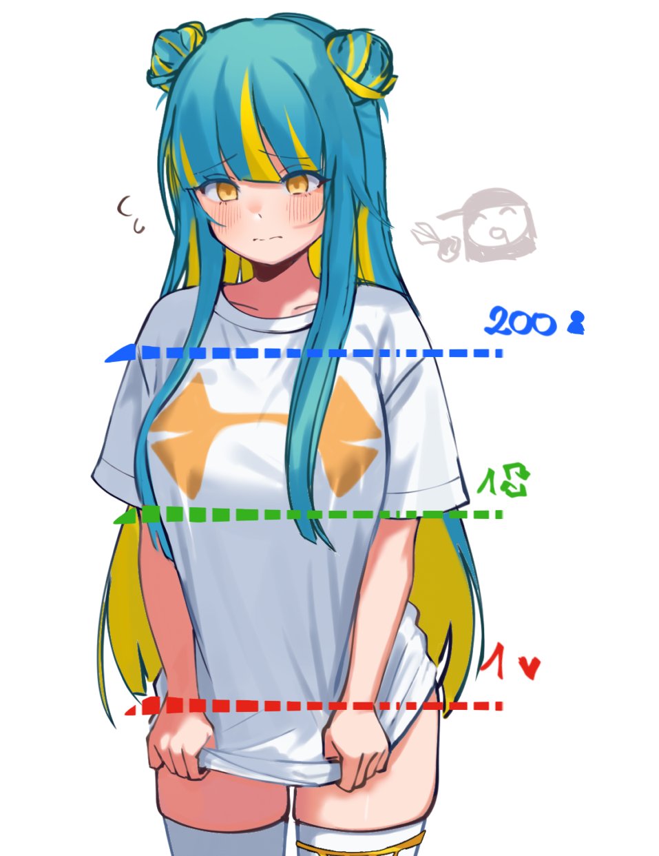 1girl ^_^ ^q^ blonde_hair blue_hair blush breasts closed_eyes closed_mouth clothes_pull commentary double_bun english_commentary feng_yi_(synthesizer_v) flying_sweatdrops hair_bun highres large_breasts like_and_retweet long_hair multicolored_hair scissors shirt_pull simple_background skindentation streaked_hair synthesizer_v thighhighs thighs tsui55 twitter_cutting_game twitter_strip_game wavy_mouth white_background white_thighhighs yellow_eyes yi_xi_(synthesizer_v)