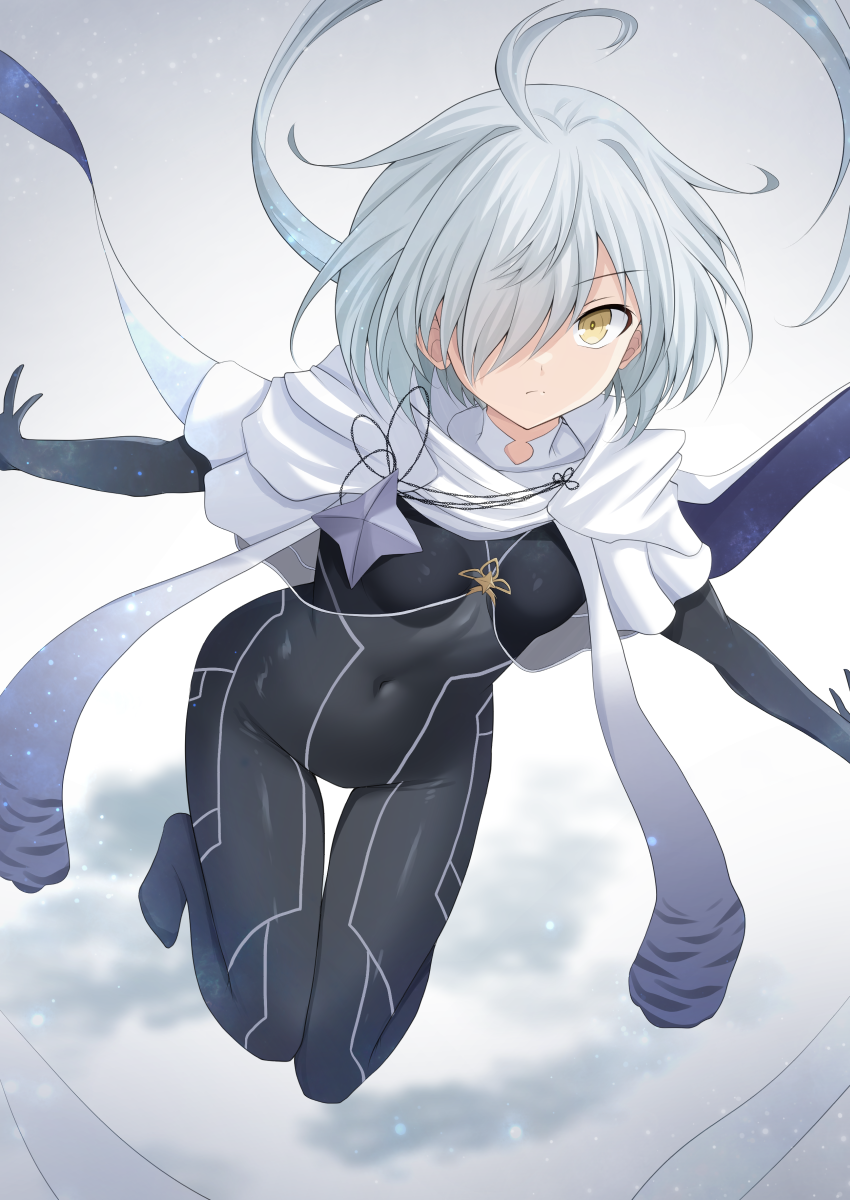1other ahoge black_bodysuit bodysuit capelet covered_navel cross_(crossryou) fate/grand_order fate_(series) floating grey_hair hair_over_one_eye highres long_hair sirius_(fate) thighs very_long_hair white_capelet yellow_eyes