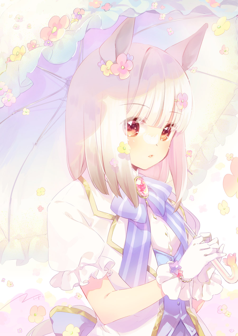 1girl animal_ears blue_bow blue_flower blue_vest bow brooch brown_eyes commentary ech flower frilled_umbrella frills gem gloves hair_flower hair_ornament hairclip happy_meek_(umamusume) highres holding holding_umbrella horse_ears horse_girl jacket jewelry looking_at_viewer parted_lips pink_flower pink_gemstone puffy_short_sleeves puffy_sleeves purple_flower revision shirt short_sleeves solo striped_bow umamusume umbrella umbrella_flower upper_body vest white_gloves white_hair white_jacket white_shirt white_umbrella yellow_flower