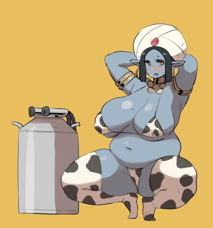 1girl animal_print arms_behind_back bikini bindi black_hair blue_skin breasts colored_skin cow_print cow_print_bikini cow_print_thighhighs earrings facial_mark fat fat_woman forehead_mark genie genie_(siva-siva) hoop_earrings jewelry jitome large_breasts long_pointy_ears navel neck_ring no_sclera original plump pointy_ears print_bikini print_thighhighs short_hair simple_background siva-siva squatting swimsuit thighhighs turban white_turban yellow_background yellow_eyes