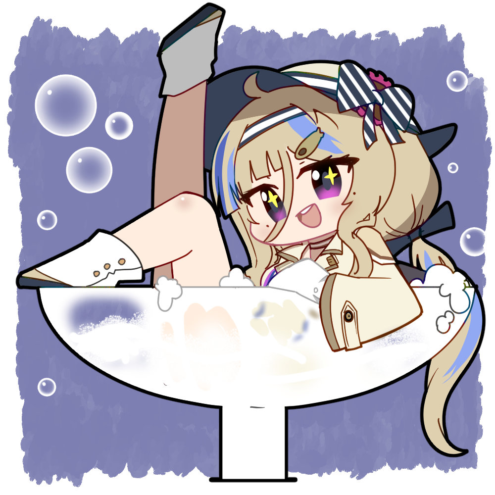 1girl :d artist_request black_boots blonde_hair blue_hair boots bubble chibi chibi_only chinese_commentary cup from_side girls&#039;_frontline girls&#039;_frontline_neural_cloud hairband hat in_container in_cup jacket legs_up looking_at_viewer millau_(neural_cloud) official_art open_mouth purple_eyes second-party_source smile solo sparkling_eyes sun_hat upper_body yellow_jacket