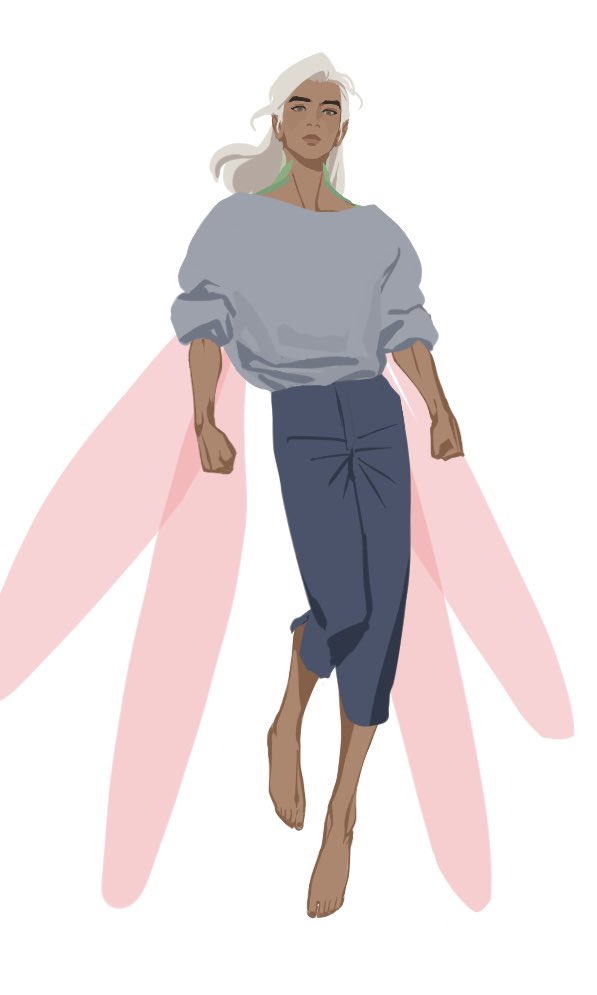 1boy barefoot blue_pants brown_eyes closed_mouth commentary dark-skinned_male dark_skin floating floatinge99 full_body grey_sweater lifeweaver_(overwatch) long_hair male_focus overwatch overwatch_2 pants pink_wings simple_background sleeves_rolled_up solo sweater sweater_tucked_in symbol-only_commentary white_background white_hair wings