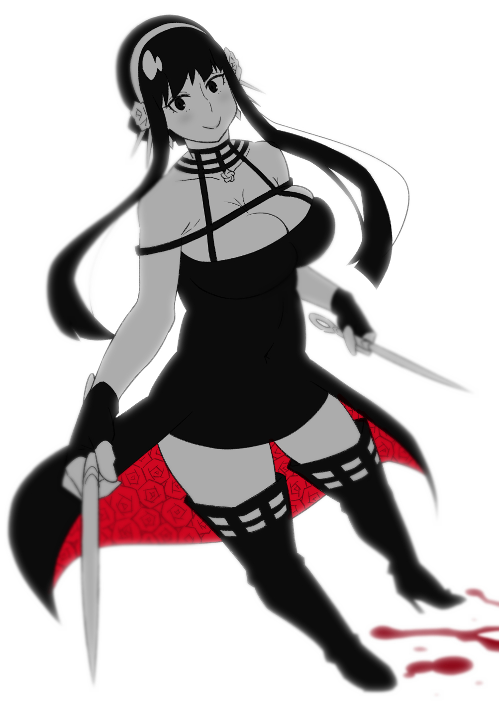 1girl black_dress blood blush boots breasts cleavage commentary_request dagger dress dual_wielding earrings fingerless_gloves gloves greyscale hairband high_heel_boots high_heels highres holding holding_weapon jewelry knife monochrome revision smile solo spot_color spy_x_family stiletto_(weapon) tetrodotoxin thigh_boots two-sided_dress two-sided_fabric weapon white_background yor_briar