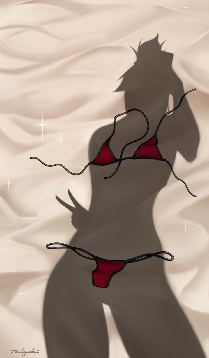 1girl beach bikini commentary dressed_shadow_(meme) english_commentary fate/grand_order fate_(series) highres meme mordred_(fate) mordred_(fate/apocrypha) mordred_(swimsuit_rider)_(fate) red_bikini silhouette solo swimsuit unworn_bikini v zealyush
