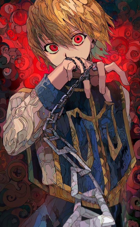 1boy blonde_hair chain earrings hand_up hunter_x_hunter jewelry kurapika long_sleeves red_background red_eyes ring solo solo_focus tabard tagme yadu_nadu yellow_trim
