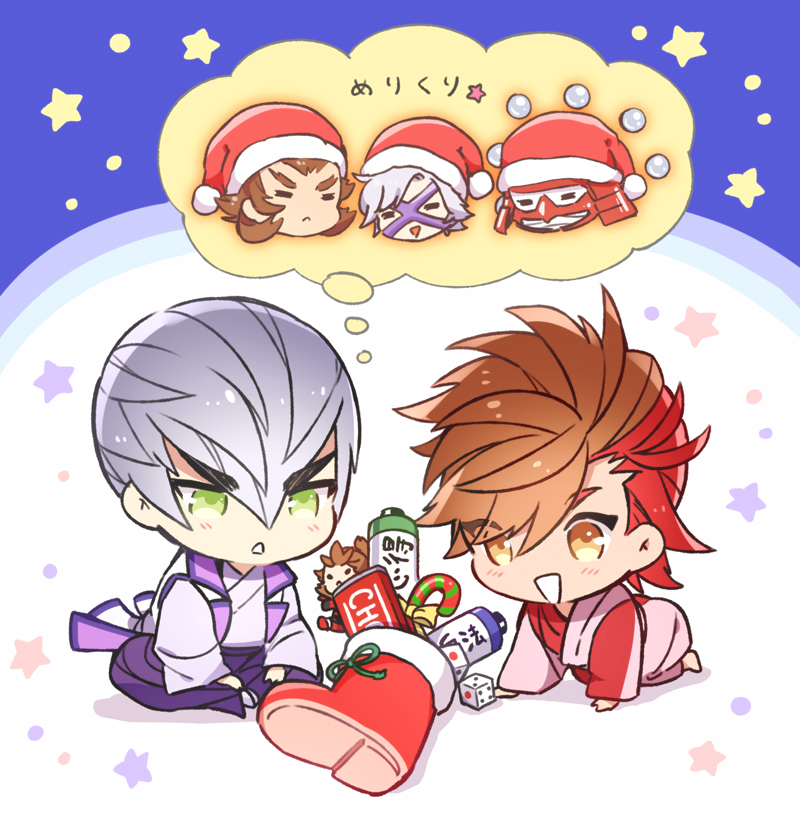 5boys :&lt; =_= alternate_costume armor bandaged_hand bandages brown_eyes brown_hair butterfly_sitting candy candy_cane character_doll chibi chibi_only chocolate chocolate_bar christmas christmas_stocking dice doll eye_mask eyes_visible_through_hair food green_eyes grey_hair grey_kimono hair_between_eyes hakama hakama_pants hat helmet image_in_speech_bubble imagining ishida_mitsunari_(sengoku_basara) japanese_armor japanese_clothes kabuto_(helmet) kimono kkkaaaayyy light_blush looking_at_object male_focus multicolored_hair multicolored_kimono multiple_boys ootani_yoshitsugu_(sengoku_basara) pants pink_kimono purple_hakama purple_mask red_hair red_kimono santa_hat sengoku_basara shima_sakon_(sengoku_basara) short_hair sitting speech_bubble star_(symbol) takenaka_hanbee_(sengoku_basara) thought_bubble toyotomi_hideyoshi_(sengoku_basara) triangle_mouth two-tone_hair