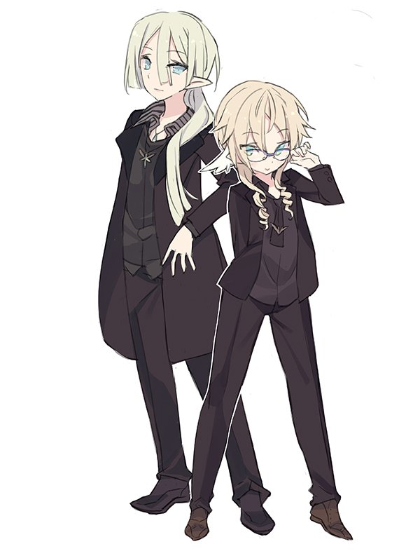 1boy 1girl :&gt; adjusting_eyewear bishounen blade_(galaxist) blonde_hair commentary_request drill_hair elf erik_burton erika_oldenburg fairy full_body glasses green_eyes jewelry long_hair looking_at_viewer name_connection necklace pointy_ears ponytail pop-up_story side_drill sidelocks simple_background smile white_background